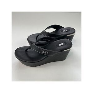 DKNY Womens Black 2" Platform Trina Toe Wedge Slip On Thong Sandals Shoes 9 M